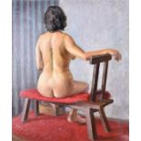 A British School painting of a seated nude c. 1950s, oil on canvas, framed, 62 x 75 cm.