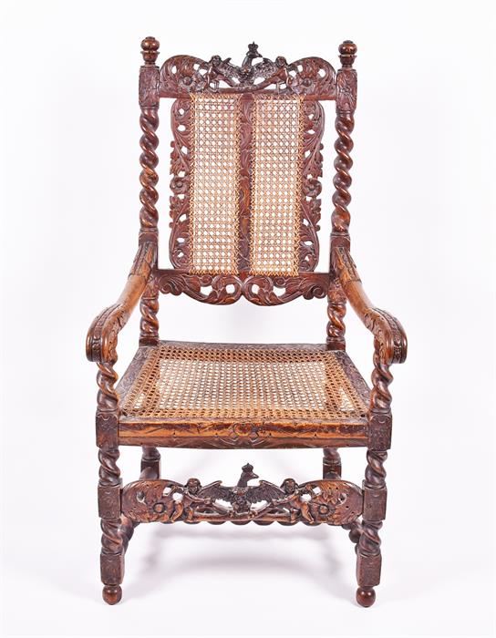 A Charles II style carved walnut armchair with intricately decorated top section depicting - Image 2 of 5