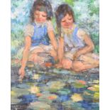 J McBroom (20th century) Scottish School 'Girls in the Glades', 1957, two girls beside a lily