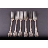 A set of six French silver table forks by Veyrat of Paris, late 19th century, the terminals with