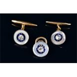 A pair of yellow metal, diamond, sapphire, and mother-of-pearl cufflinks the round mounts each
