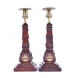 A pair of early 20th century Glasgow Masonic / ecclesiastical oak candlesticks made from oak taken