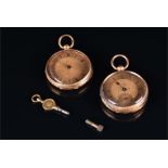 Two late 19th century 18K gold pocket watches both with open faces, gilt dials and one with