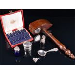A collection of assorted items including: a set of six silver cockerel-end cocktail sticks