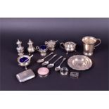 A quantity of 19th century and later silver items to include salts, cruets, a Christening tankard,