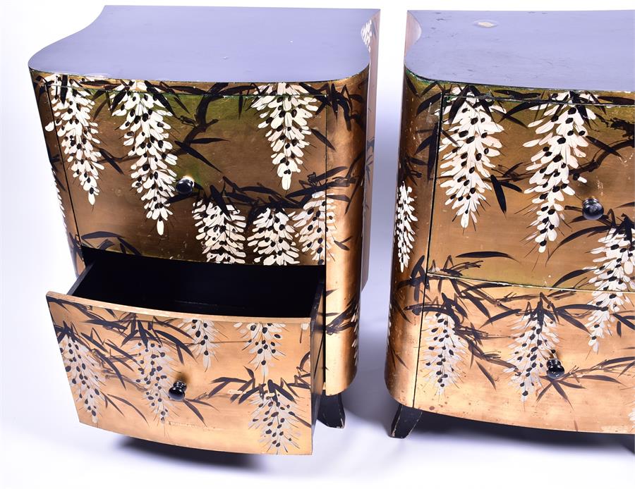 A pair of 1950s two-drawer bedside cabinets with black lacquered top and painted Japanese style - Image 3 of 4