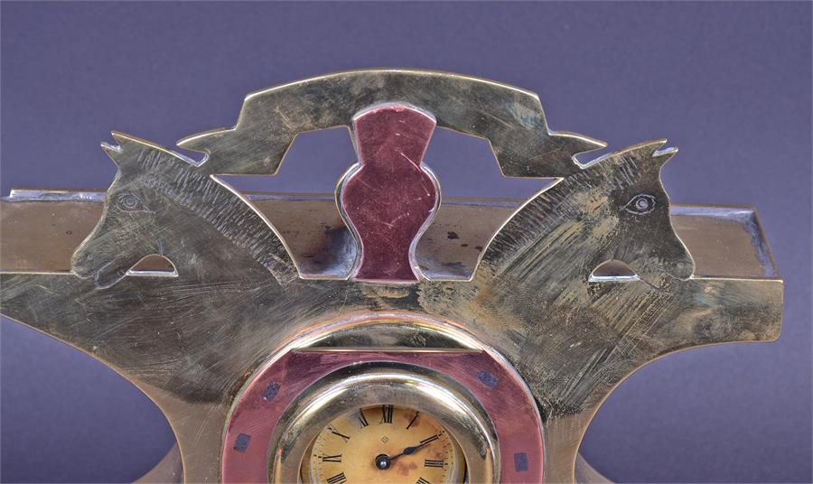 An unusual late 19th / early 20th century brass and copper mantle clock of equestrian / - Image 2 of 5