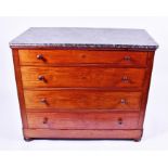 A Victorian mahogany marble-topped chest with four graduated drawers on front bun supports, 93cm