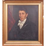 English school, 19th century (unsigned) portrait of a gentleman, beside a red velvet curtain,