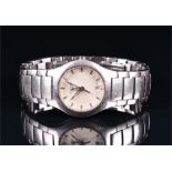 A ladies Longines stainless steel wristwatch the white dial with baton numerals and date aperture,