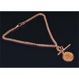 A Victorian 1890 22ct gold mounted full sovereign on a 9ct rose gold Albert chain with bar. 48.5