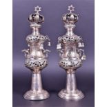 Judaica. A pair of silver Torah finials rimonim, stamped "STERLING", "84" and incuse initials M.