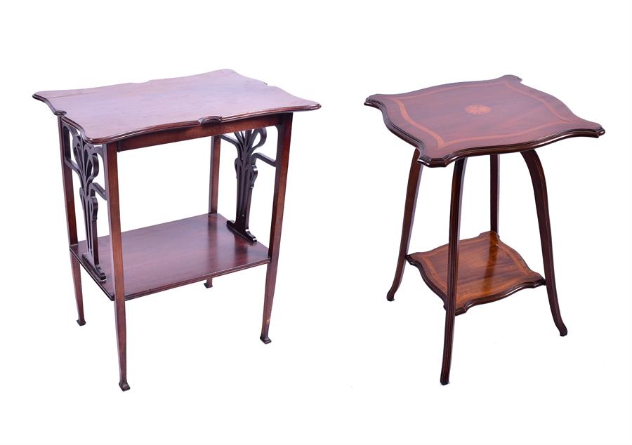 Two Edwardian mahogany occasional tables one of square shaped form with inlaid decoration, 44 cm