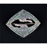 An unusual gilt metal, diamond, and gemstone brooch in the Art Deco taste, in the form of two birds,