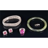 A small quantity of jewellery items to include a synthetic pink gemstone ring, stamped '18k' and '