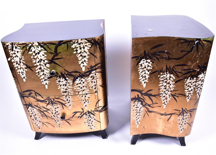 A pair of 1950s two-drawer bedside cabinets with black lacquered top and painted Japanese style - Image 2 of 4