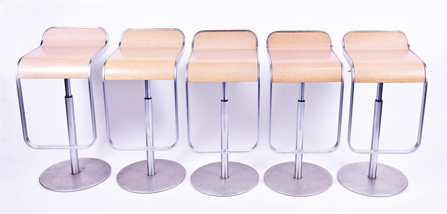 Five La Palma Lem stools designed by Shin Azumi and Tomoko Azumi, the frames in matt chrome with