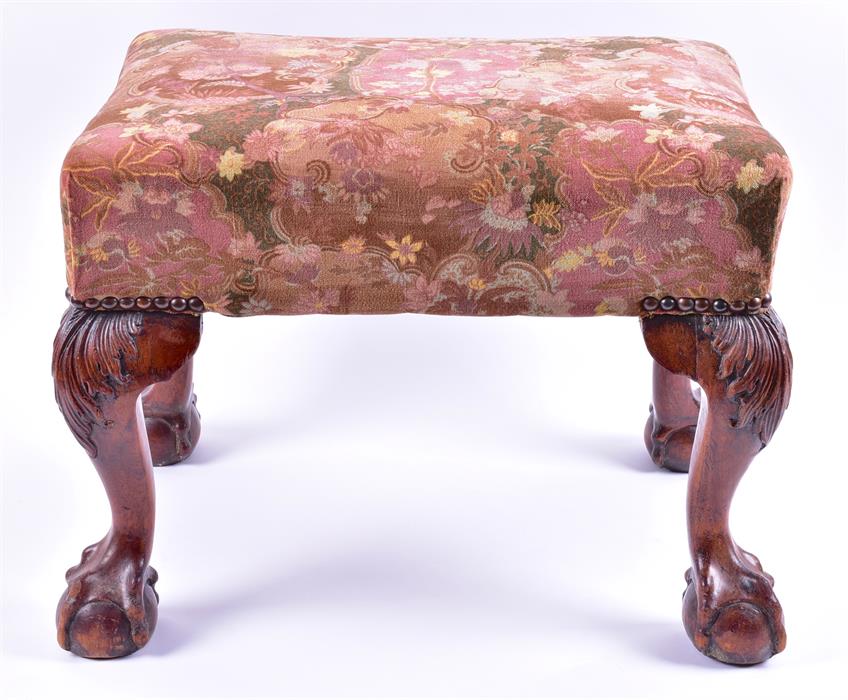 A Georgian mahogany footstool with upholstered top on four cabriole legs terminating in ball and - Image 2 of 5