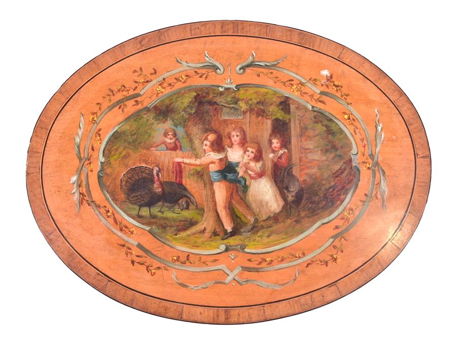 A 19th century painted satinwood oval wine cooler the cover depicting children and turkeys, over a - Image 2 of 7
