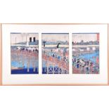 A Japanese woodblock triptych of an Empirical procession across a bridge each signed, 35 cm x 24