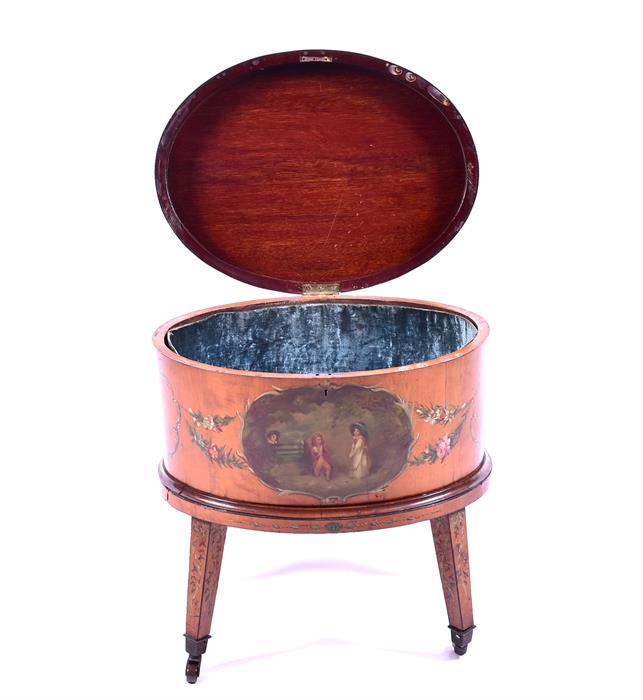 A 19th century painted satinwood oval wine cooler the cover depicting children and turkeys, over a - Image 6 of 7