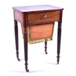 A Regency rosewood work table the rectangular top with rounded rockers over a single drawer with