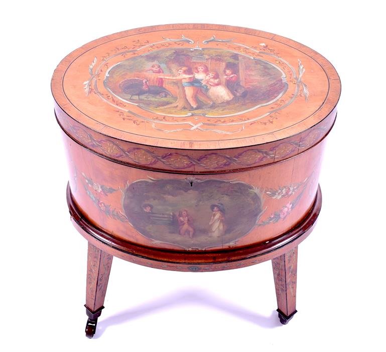 A 19th century painted satinwood oval wine cooler the cover depicting children and turkeys, over a