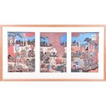 A Japanese woodblock triptych of numerous warriors around a camp fire each signed, 35 cm x 24 cm per