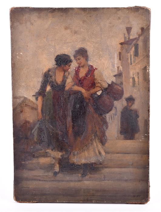 A 19th century English school two women arm-in-arm and crossing a bridge, with a figure to the - Image 3 of 5