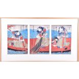 A Japanese woodblock triptych of fishermen on a long boat each signed, 35 cm x 25 cm per print,