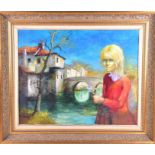 Lanier (20th century) American a stylised and brightly coloured scene of a girl holding a bunch of