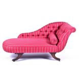 A reproduction button back Chaise longue with red upholstery, on four outswept supports