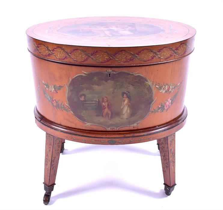 A 19th century painted satinwood oval wine cooler the cover depicting children and turkeys, over a - Image 3 of 7