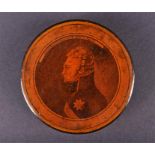 An early 19th century lacquered papier mache cylindrical box the cover with a bust of Alexander I,