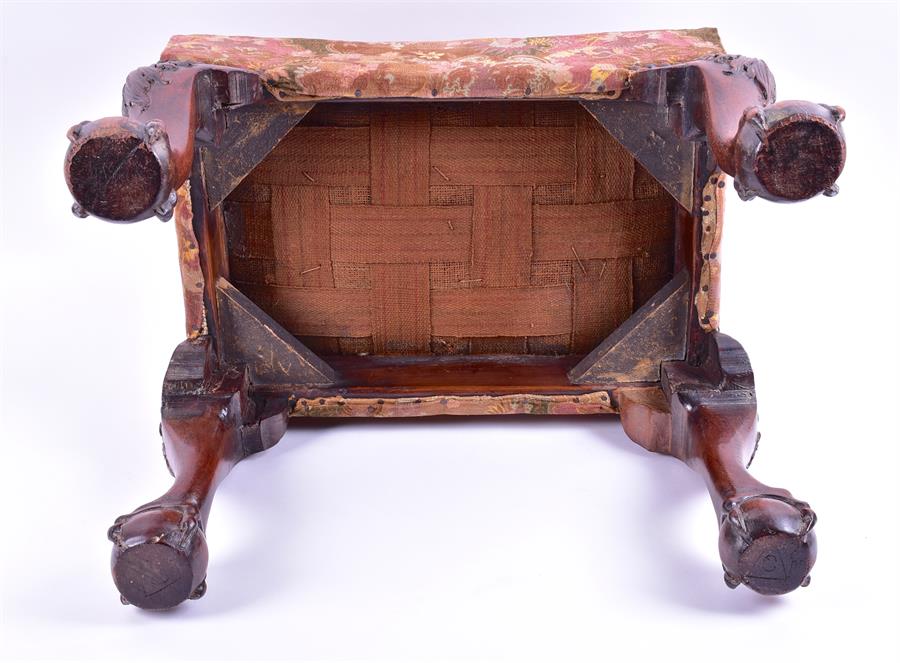 A Georgian mahogany footstool with upholstered top on four cabriole legs terminating in ball and - Image 5 of 5