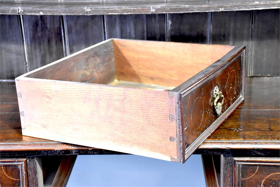 A late 18th / early 19th century oak dresser the top with shaped frieze over three shelves with - Image 3 of 3