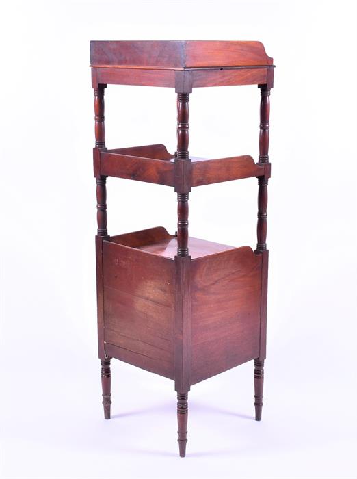 A Georgian mahogany three tier whatnot the top with low gallery, turned supports over a base with - Image 5 of 5