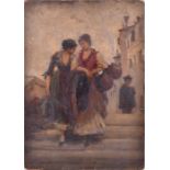 A 19th century English school two women arm-in-arm and crossing a bridge, with a figure to the