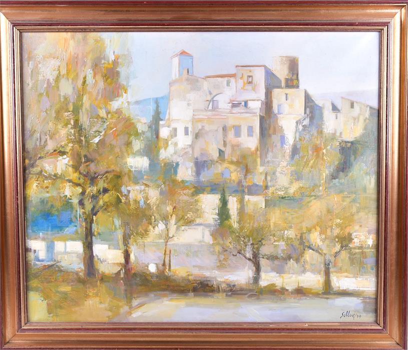 Sillue (20th century) a Continental town scene, with trees in the foreground, oil on canvas,