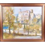 Sillue (20th century) a Continental town scene, with trees in the foreground, oil on canvas,