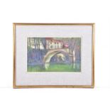 French Impressionist school (circa 1900) a bridge over water with a building to the background,