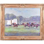 A scene of horse racing signed indistinctly lower left, oil on canvas, in a gilt frame. 58.5 x 73.