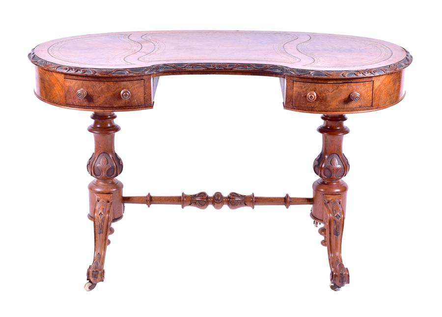 A Victorian figured walnut kidney shaped writing desk with inset leather top over two small - Image 2 of 6