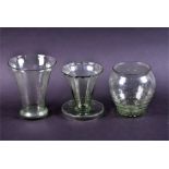 Three 'Sea Green' glass vases by James Powell & Sons to include a flared ribbed example with