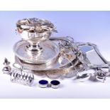 A mixed lot of silver plate and white metal including a mirror frame in the Art Nouveau manner, with