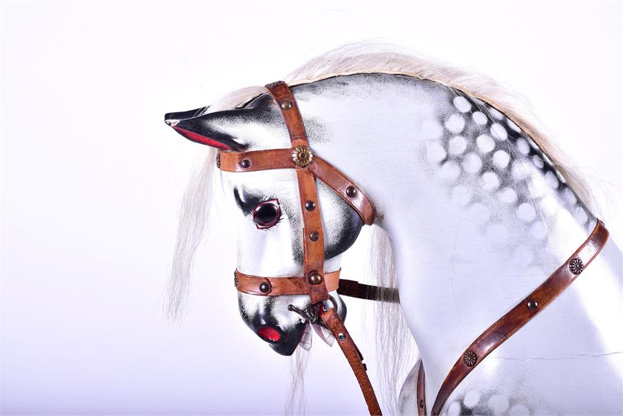 A large Victorian style painted grey rocking horse with leather harness and saddle, painted and - Image 2 of 6