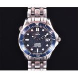 An Omega Seamaster Professional stainless steel automatic divers wristwatch the blue engine turned