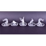 A group of five Lalique frosted and clear crystal animal finial pin dishes  to include a pair