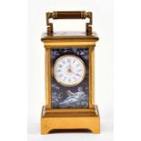 A late 19th century French miniature brass and tortoiseshell-effect enamel carriage clock the