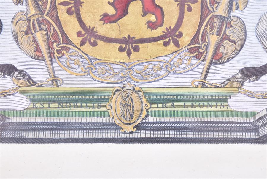 An original 17th century armorial coloured engraving 'The Arms of Scotland', 21 cm x 23 cm, glazed - Image 4 of 4